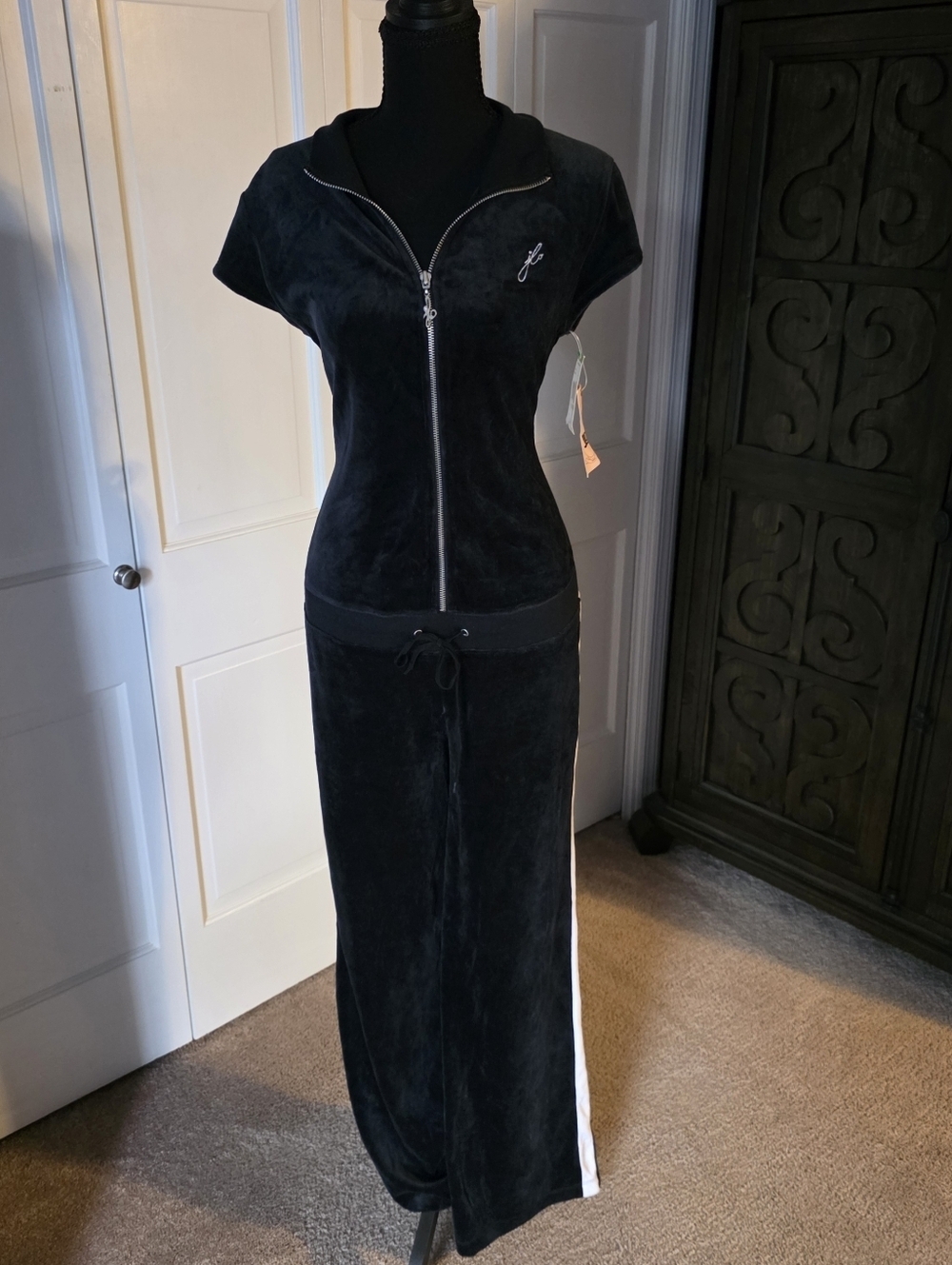 Jennifer Lopez Black Velour Jumpsuit with White Side Stripe